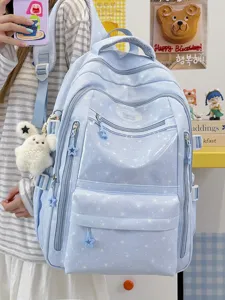 Grand sac à dos scolaire bleu ciel avec motif d'étoiles blanches et accessoires mignons