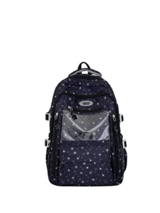 Sac à dos scolaire bleu marine mignon avec motif étoiles blanches et poche transparente
