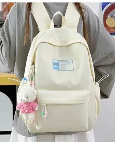 Zaino scolastico bianco crema minimalista in stile coreano con simpatico ciondolo orso