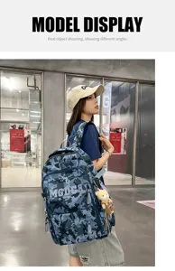 Asian model carrying a large blue camouflage graffiti backpack in a modern urban indoor setting