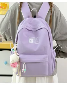 Zaino scolastico viola in stile coreano per ragazze con simpatico portachiavi a orso