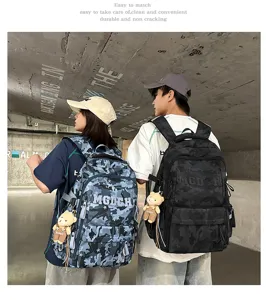 Modern high capacity camouflage backpacks for students featured in an urban industrial setting
