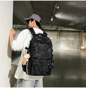 Camo backpack with MGICH lettering and bear keychain accessory worn by an Asian model