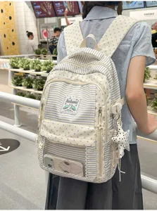 Mochila japonesa de rayas y estrellas con amuleto de estrella y bolsillo transparente
