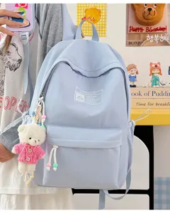 Zaino azzurro in stile coreano con simpatico ciondolo a forma di orso rosa