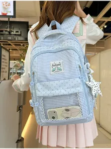 Vista trasera de una mochila escolar azul con estrellas y ventana transparente