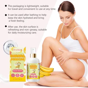 OceAura banana pudding body mist detail showing moisturizing benefits, hydration and fresh skin.