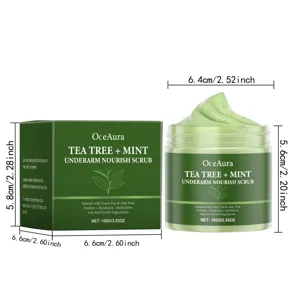Tea tree mint underarm scrub jar detail view showing creamy texture and dimensions.