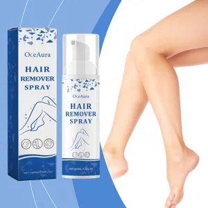 Vue détaillée du flacon de spray dépilatoire OceAura avec fond de jambes lisses, formule 100ml.