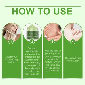 OceAura tea tree mint body scrub detail showing step by step usage instructions for clean skin.