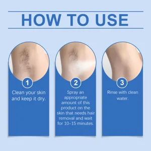 Graphique de detail d'utilisation du spray depilatoire avec un guide etape par etape.