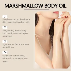 Huile corporelle marshmallow détail montrant nutrition profonde et hydratation légère.