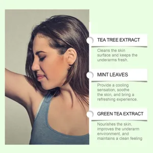 Detailed view showing underarm skin care product ingredients like tea tree extract and mint.