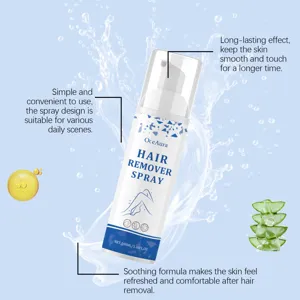 Vue détail du spray dépilatoire Oceaura 100ml, soulignant la peau douce et la formule apaisante.