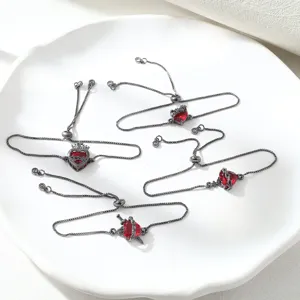 Adjustable red zircon heart charm bracelets set, dark chain gothic style women jewelry.