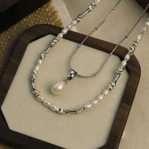 Original Design Natural Freshwater Pearl Bamboo Knot Necklace Set Luxury Silver Plated Double Layer Chain Jewelry For Women