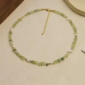 Natural pearl and prehnite chip necklace with gold-tone beads and lobster clasp