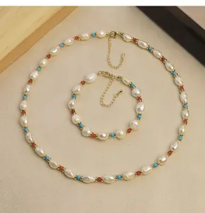 Detailed macro view of natural freshwater pearl, turquoise, and agate jewelry set