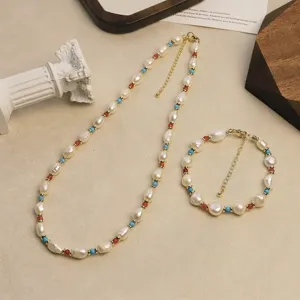 Handcrafted natural freshwater pearl turquoise agate necklace and bracelet set
