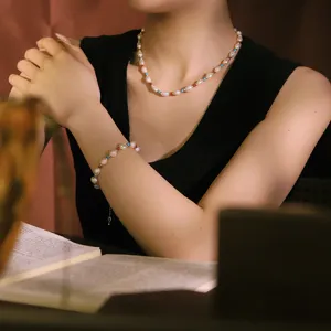 Elegant natural pearl necklace and bracelet set with unique turquoise and agate accents
