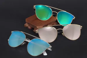 Detail view of fashion sunglasses with reflective green, pink, and blue mirrored lenses.