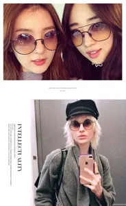 Vista dettagliata di occhiali da sole rotondi alla moda indossati da modelli di tendenza.