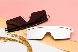 Close-up of oversized one-piece sunglasses with chic gold metal top bar and mirror lens