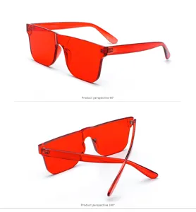 Vistas detalladas de gafas de sol rojas translúcidas de una pieza a 90 y 180 grados