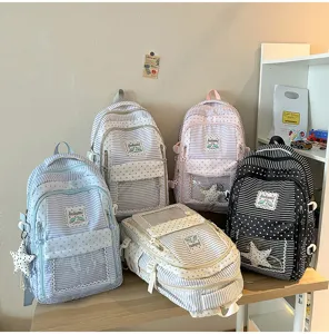 Mochilas de rayas estilo japonés con patrones de estrellas y bolsillo transparente