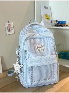 Mochila ita bag de rayas azules con estrellas y detalle de bolsillo
