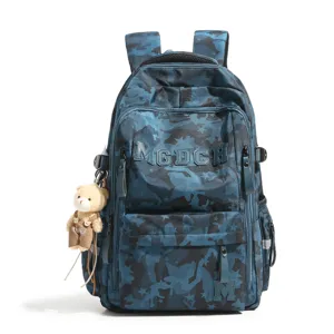Detailed view of the blue camouflage backpack with large capacity and teddy bear charm.