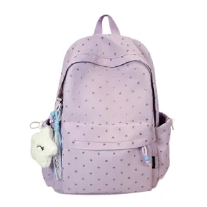 Mochila lila para estudiantes con estampado de corazones brillantes y llavero nube
