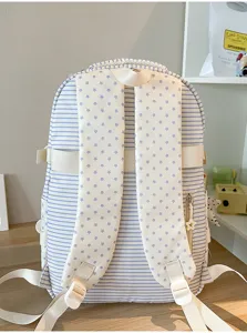 Vista trasera de mochila de rayas azul claro con correas acolchadas con patrón estrellas