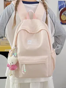 Zaino in Nylon a Tinta Unita Semplice in Stile Preppy Coreano di Grande Capacità Borsa da Scuola per Ragazze con Ciondolo a Orsetto