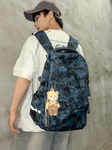 Stylish blue camouflage large capacity school backpack for students with bear keychain