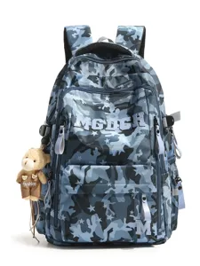 Blue camouflage school backpack with star patterns and cute bear charm for students