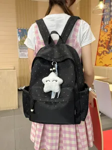 Mochila negra de lunares de gran capacidad para estudiantes con lindo colgante de estrella