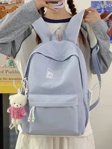 Zaino azzurro minimalista stile college per studenti con grazioso ciondolo a orsetto bianco