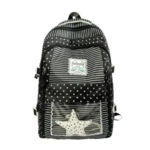 Vista detallada de la mochila escolar itabag en blanco y negro con estrellas y rayas para niñas