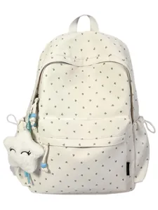 Mochila blanca con estampado de corazones, colgante de estrella y gran capacidad