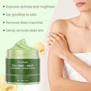 Tea tree and mint body scrub detail view, natural exfoliating cream for smooth underarm skin.