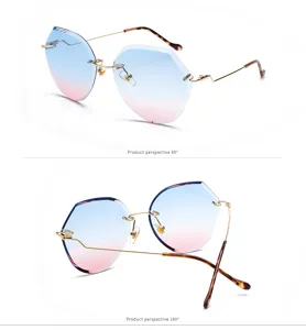 Multiple perspectives of rimless polygon sunglasses with gradient blue and pink lenses