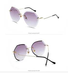 Multi-angle detail views of rimless polygon sunglasses with purple gradient lenses