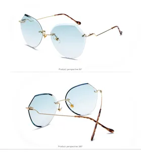 Detailed view showing the stylish rimless polygonal design and light blue gradient lenses