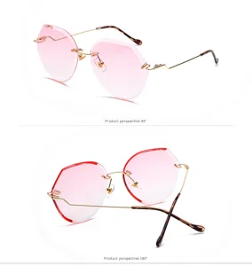 Detail views showing the stylish pink gradient rimless polygon sunglasses for women