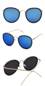 Detailed views of stylish round sunglasses featuring blue reflective lenses and gold frame