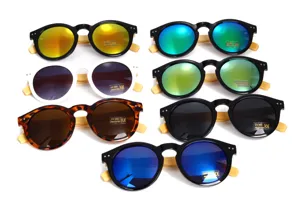 Stylish round sunglasses featuring handmade natural bamboo temples and multiple lens colors
