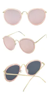 Multi-angle view of large round sunglasses with pink marbled frames and gold temples