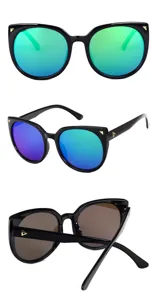 Detail view of large cat-eye sunglasses showing front, side, and back angles