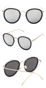 Multiple view detail showing fashion oversized round sunglasses with gold metal frame